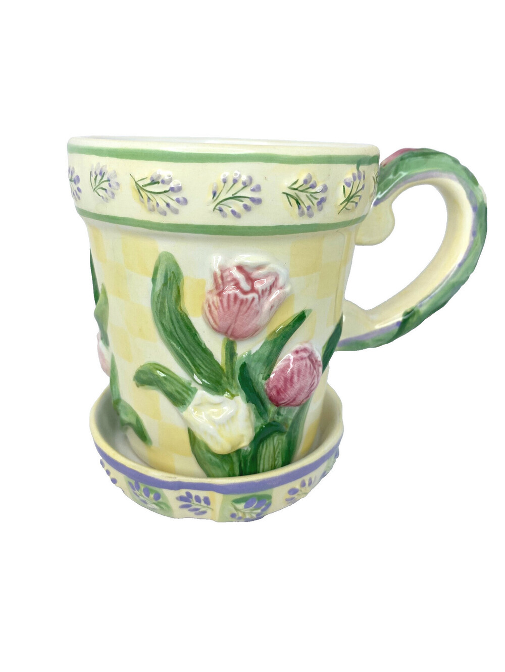 VIntage Lady Jayne 3D Tulip Mug Attached Saucer Ceramic Flower Pot Tea Cup 2003